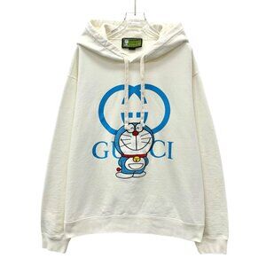 Gucci Off-white logo & Doraemon embroidered cotton hoodie
